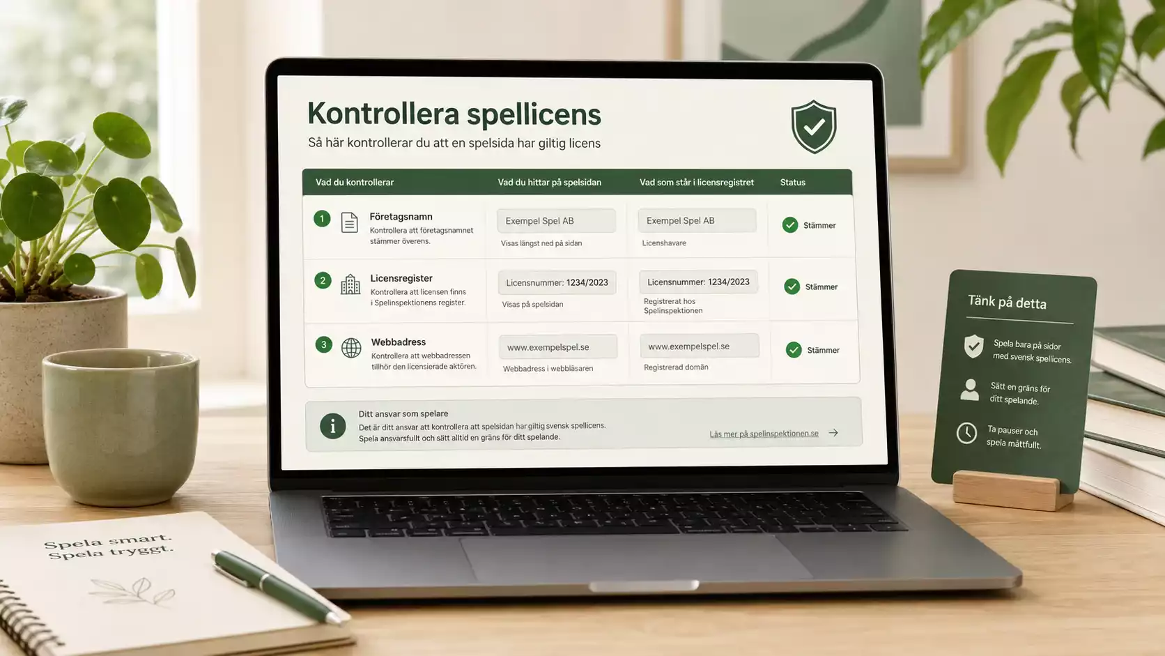 Checklista för att jämföra bolagsnamn, licensregister och webbadress